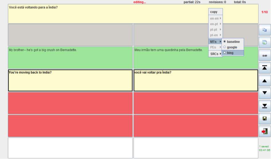 Post-editing interface with the different colour-coded segments (PET manual)